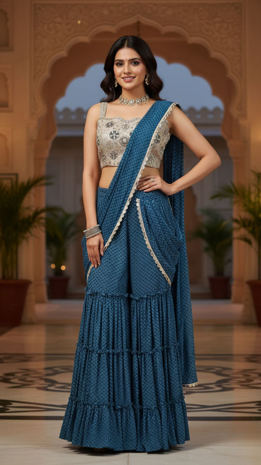 Blue Printed Chinon Chiffon Sharara Drape Saree Set