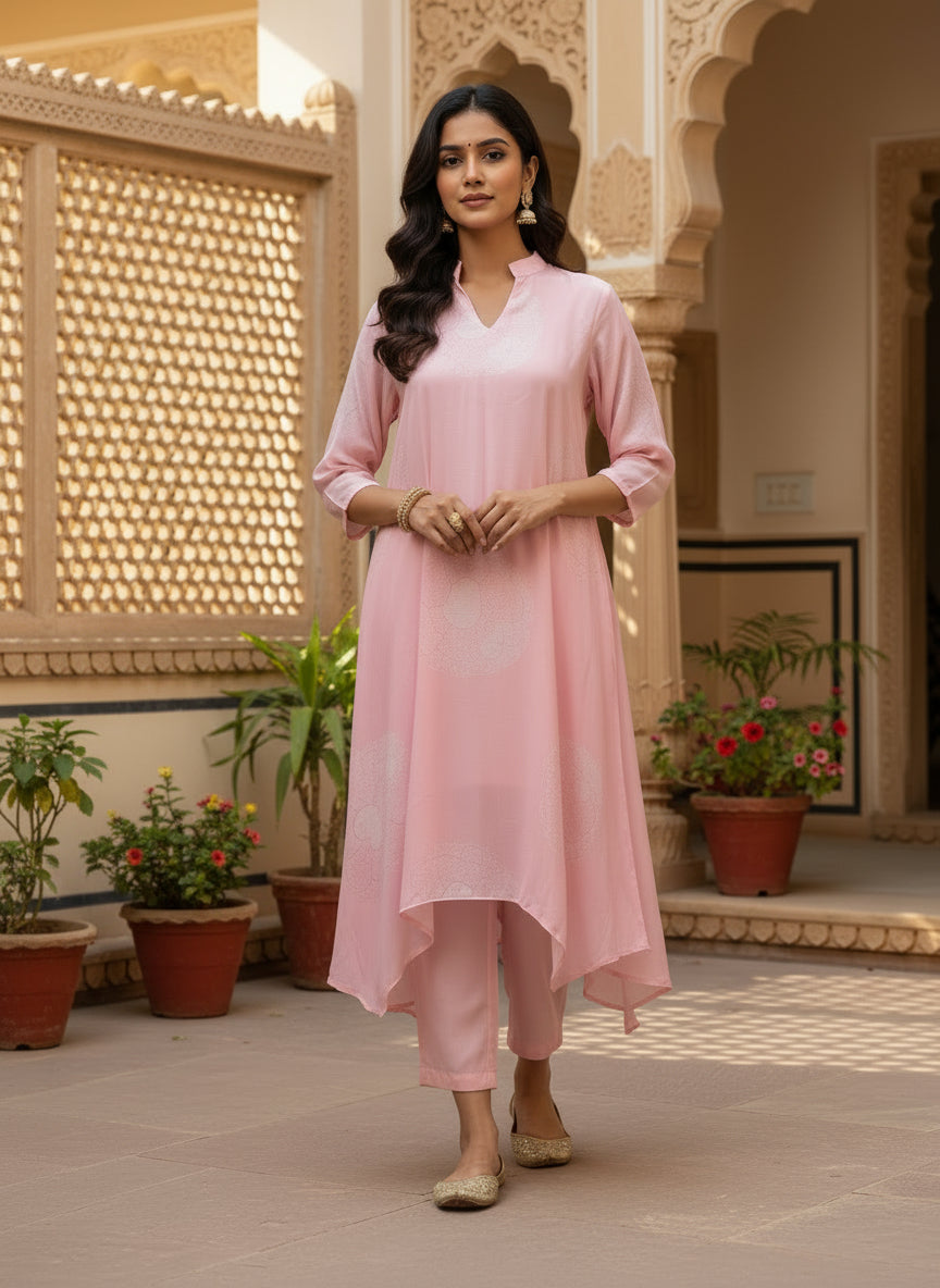 Blush Pink Asymmetric Muslin Kurta Set