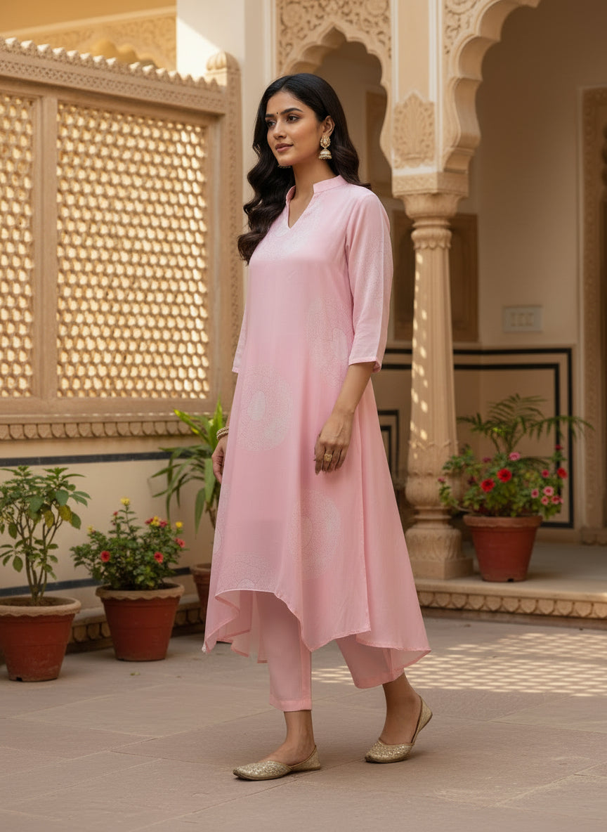 Blush Pink Asymmetric Muslin Kurta Set