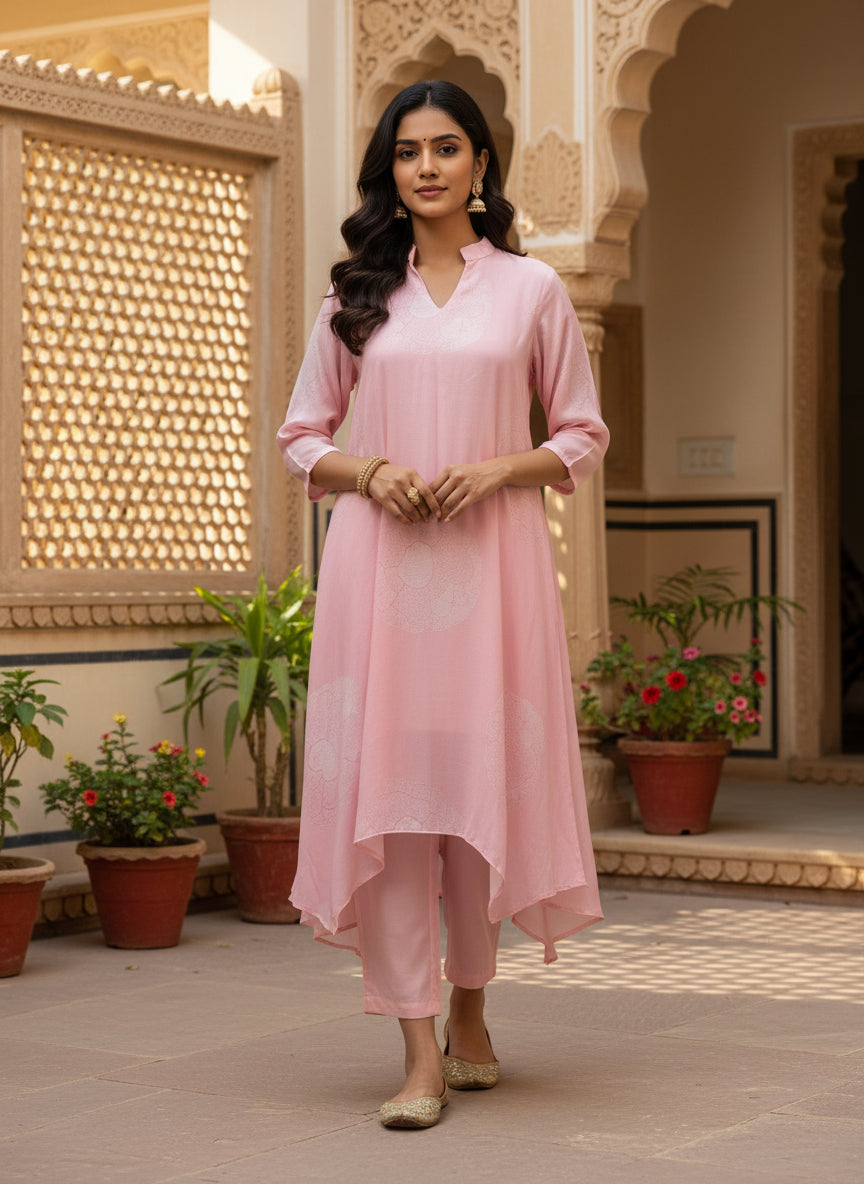 Blush Pink Asymmetric Muslin Kurta Set