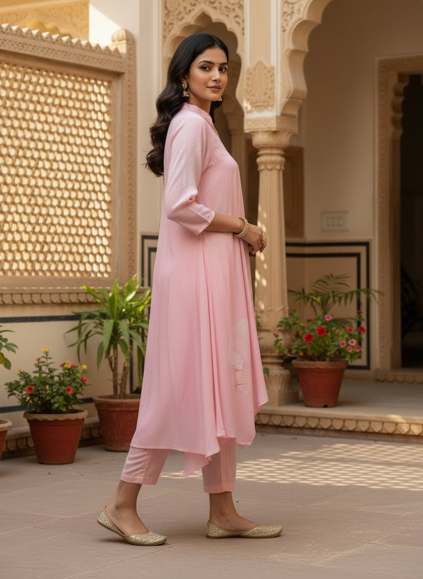 Blush Pink Asymmetric Muslin Kurta Set