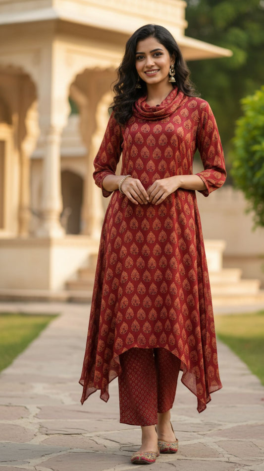 Maroon Printed Cowl Neck Modal Satin Kurta Set