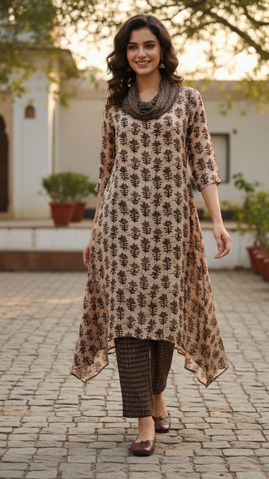 Beige Printed Cowl Neck Modal Satin Kurta Set