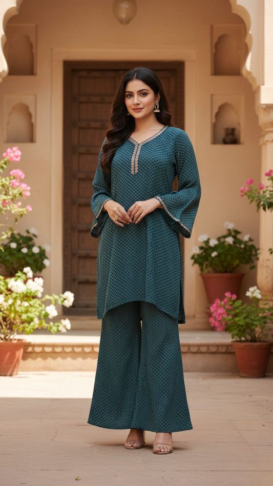 Teal Blue Chinon Chiffon Kurta Set with Mirror Embroidery