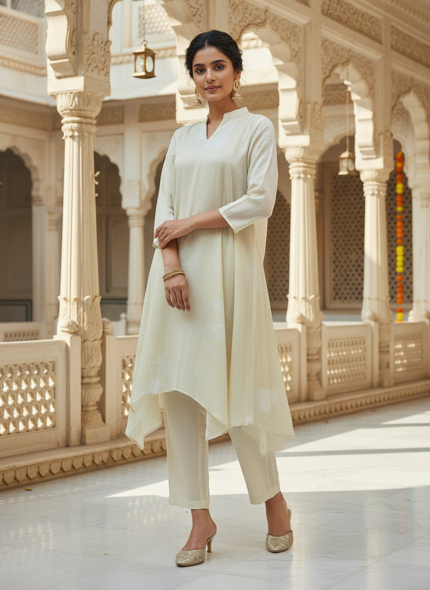 Ivory Muslin Asymmetric Kurta Set