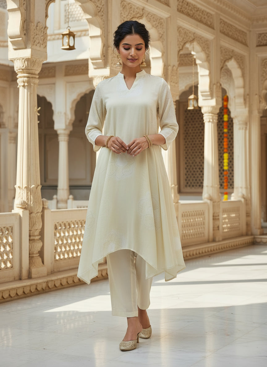 Ivory Muslin Asymmetric Kurta Set