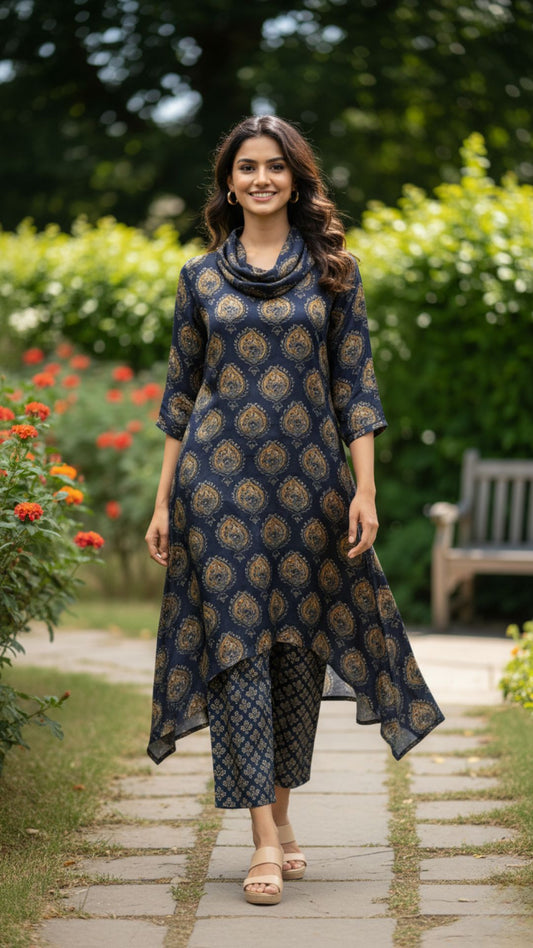 Navy Blue Cowl Neck Modal Satin Kurta Set
