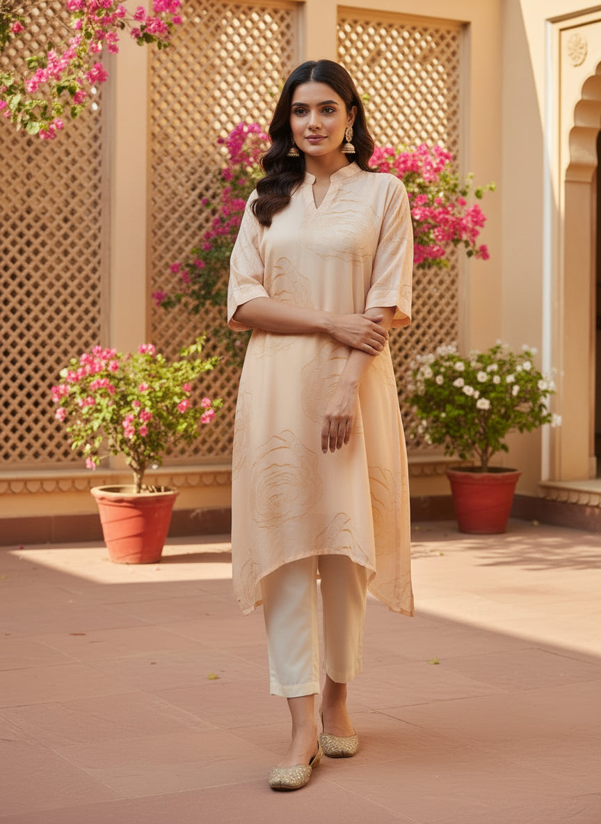 Blush Peach Asymmetric Muslin Tunic Set