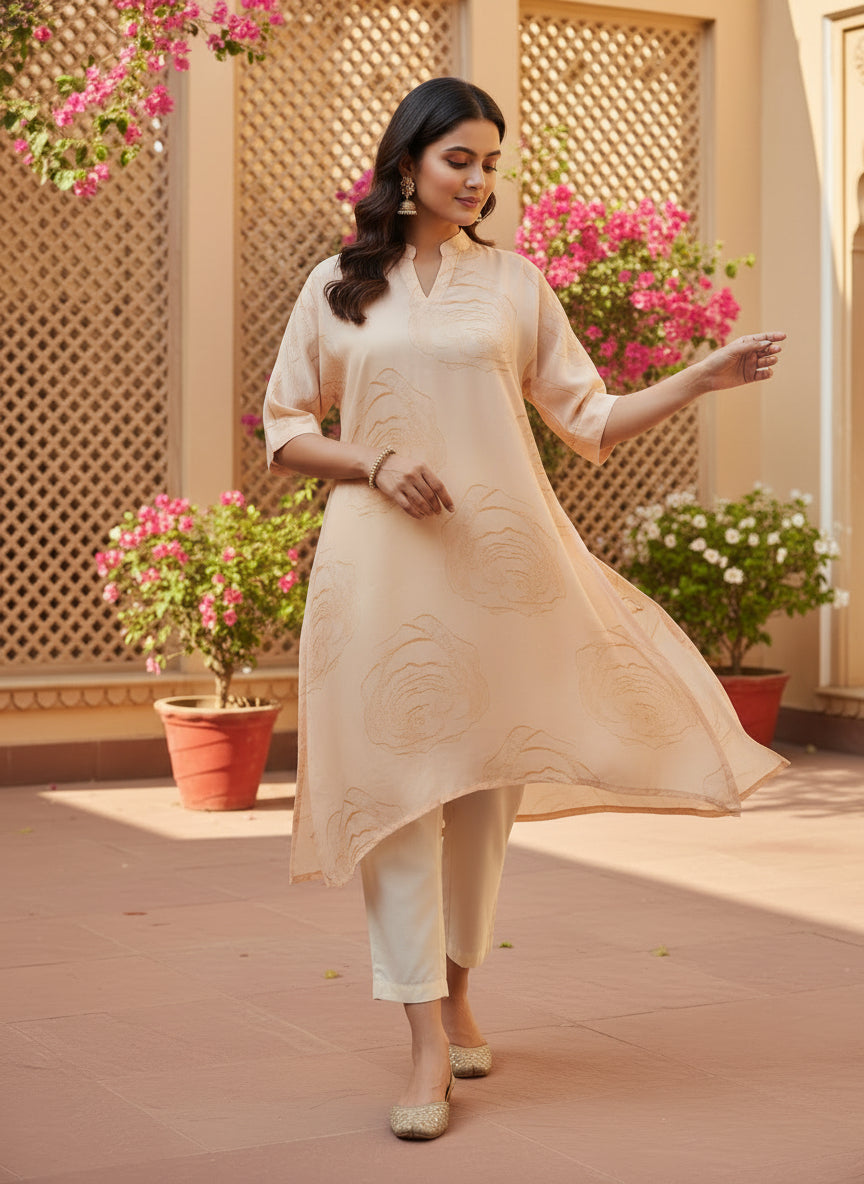 Blush Peach Asymmetric Muslin Tunic Set