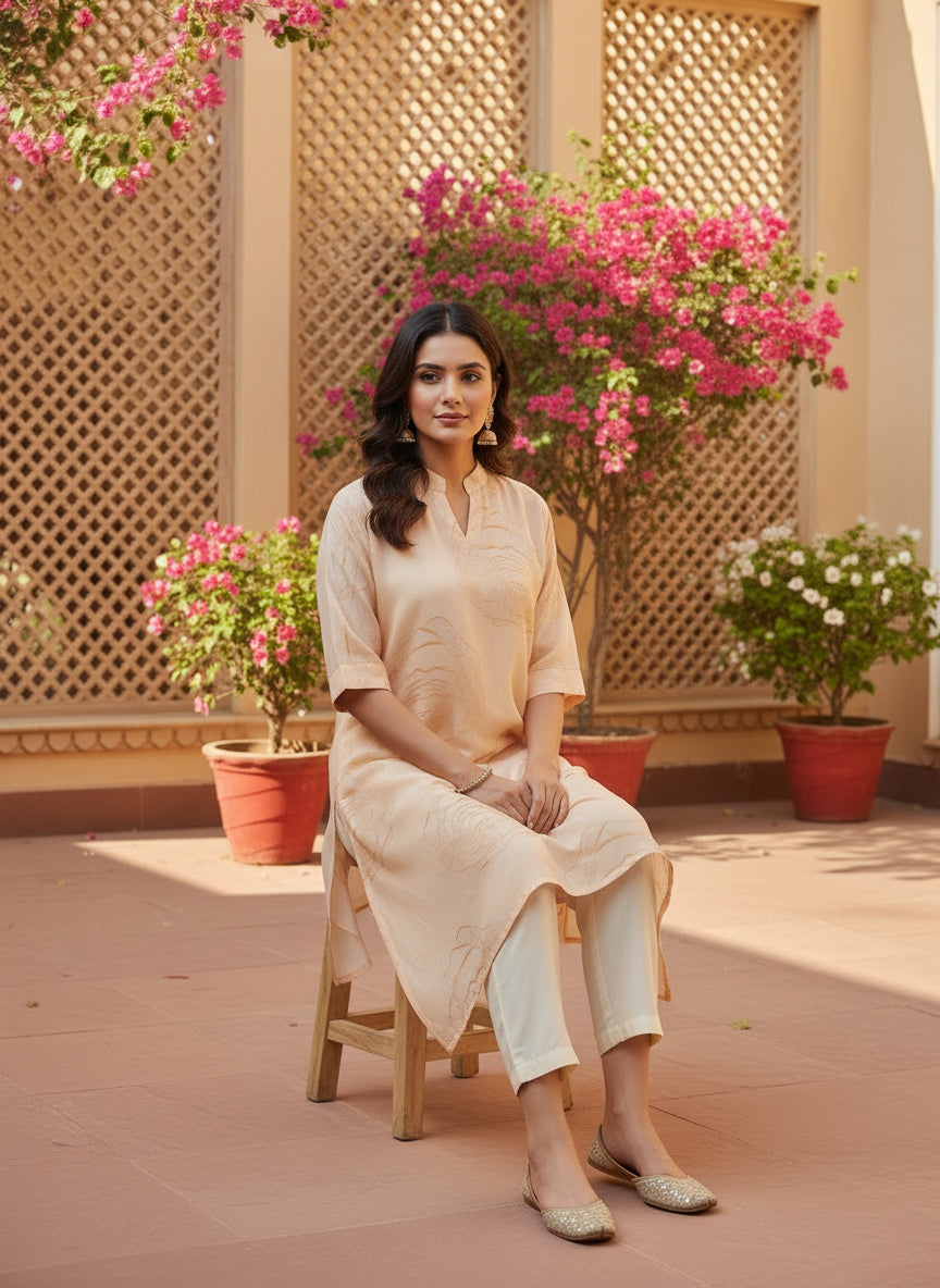 Blush Peach Asymmetric Muslin Tunic Set