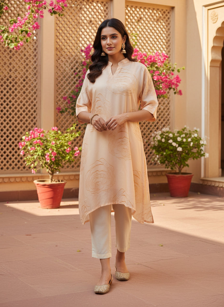 Blush Peach Asymmetric Muslin Tunic Set