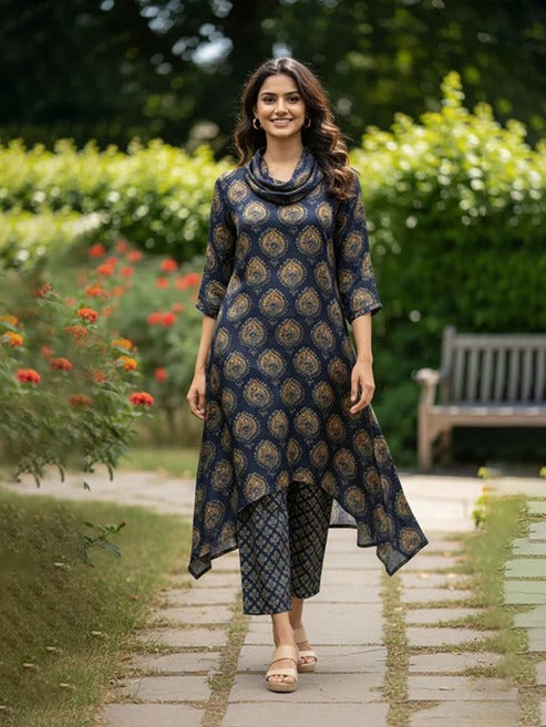 Navy Blue Cowl Neck Pure Bemberg Modal Kurta Set