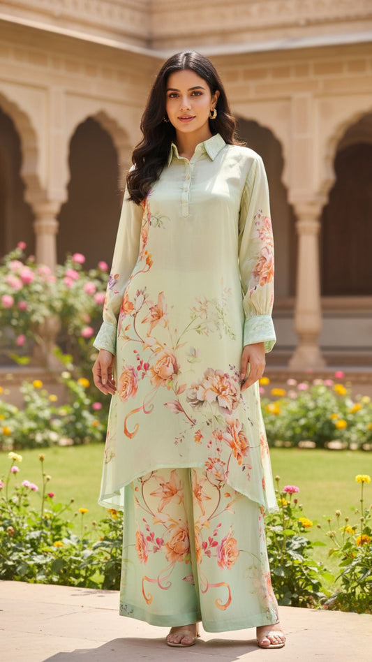 Mint Floral Crepe Silk Kurta Set with Handwork