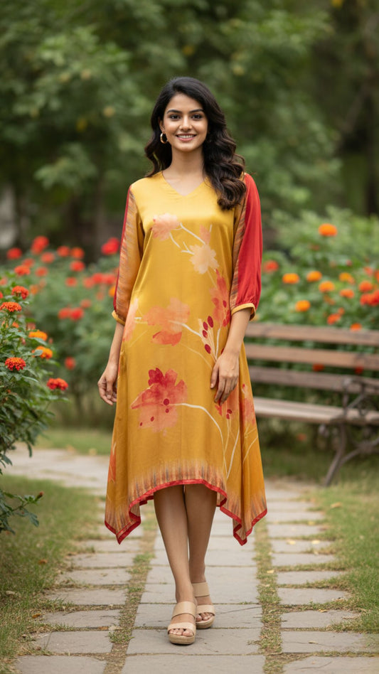 Mustard Red Floral Modal Satin Tunic Dress