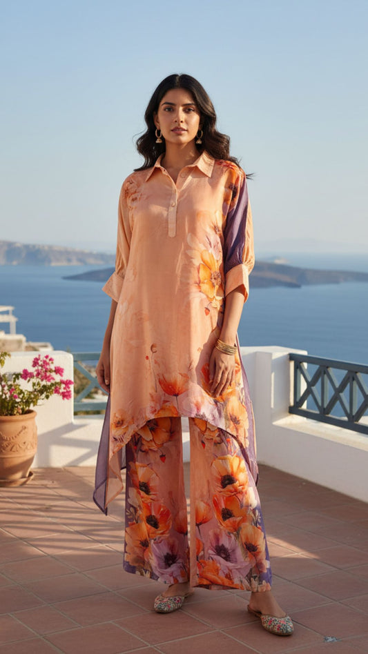 Peach Floral Crepe Silk Asymmetric Kurta Set