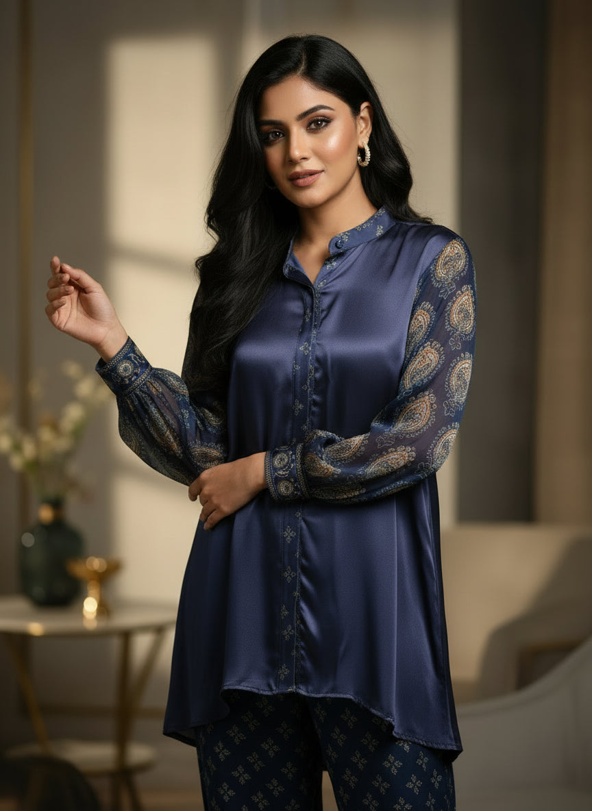 Midnight Blue Printed Pure Bemberg Modal Co-ord Set