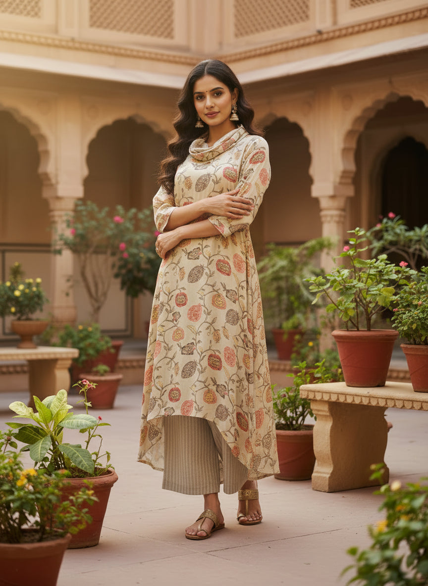 Beige Botanical Cowl Neck Modal Set