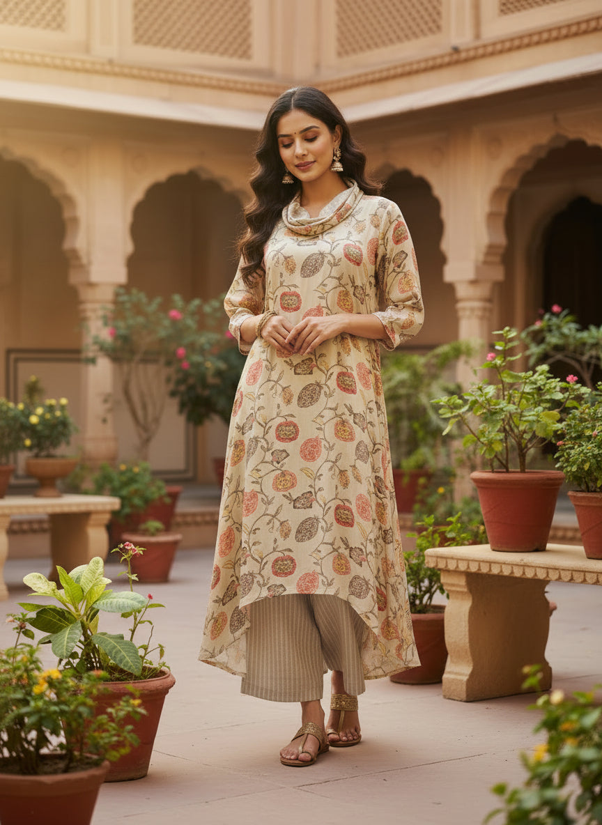 Beige Botanical Cowl Neck Modal Set