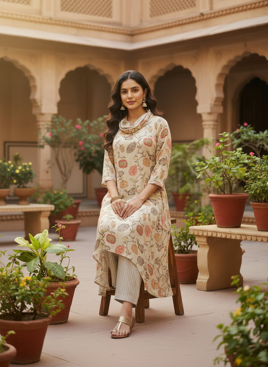 Beige Botanical Cowl Neck Modal Set