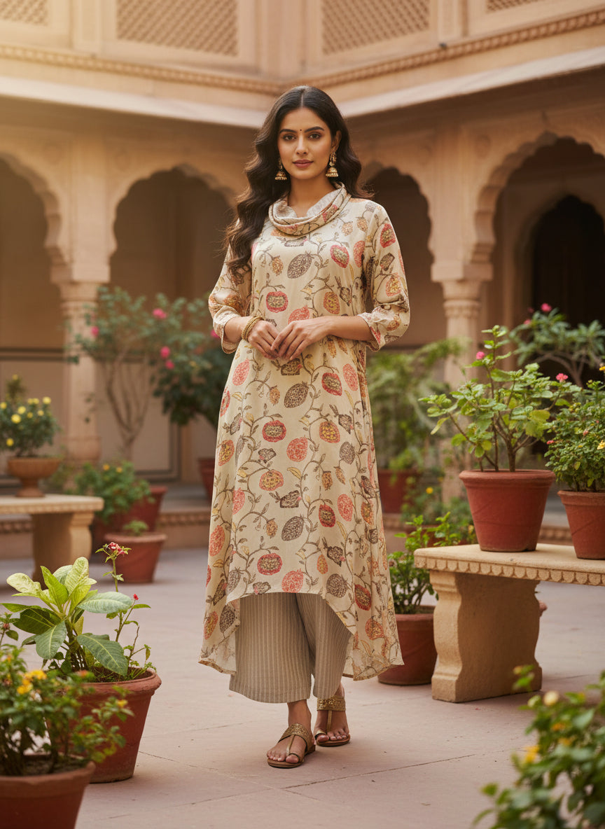 Beige Botanical Cowl Neck Modal Set