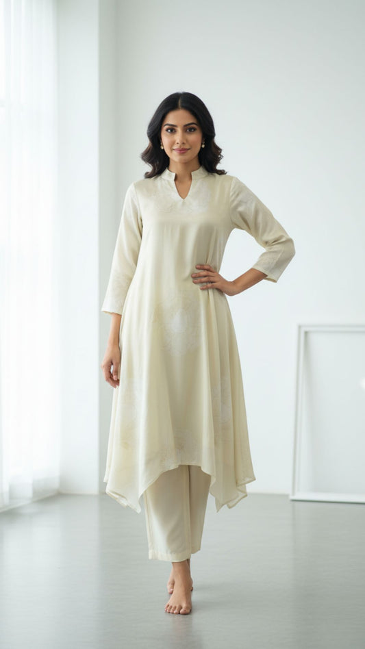 Ivory Muslin Asymmetric Kurta Set