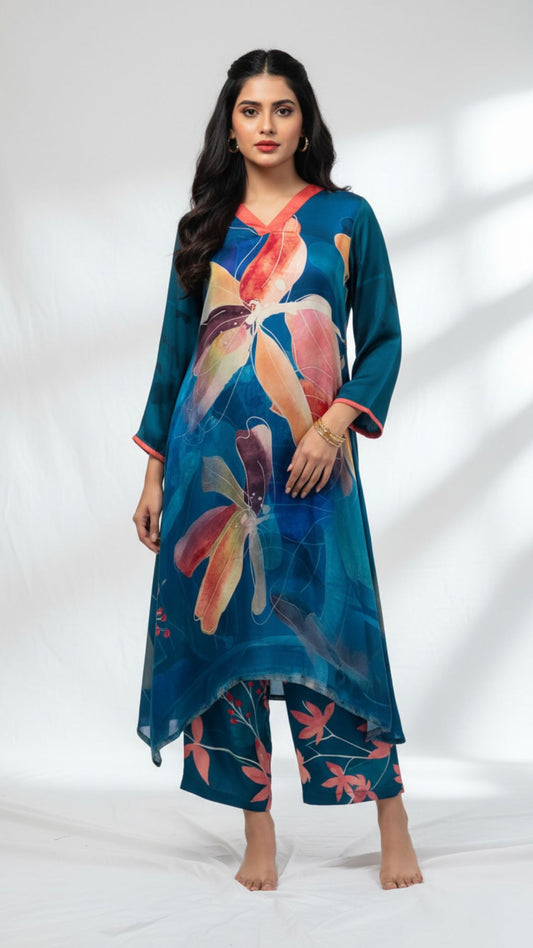Teal Floral Digital Print Modal Satin Kurta Set