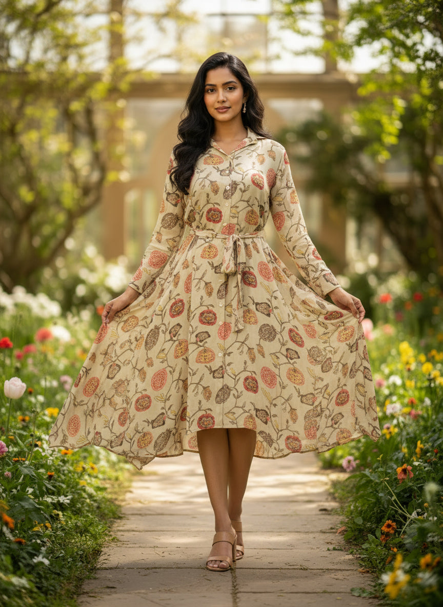 Beige Botanical Pure Bemberg Modal Shirt Dress