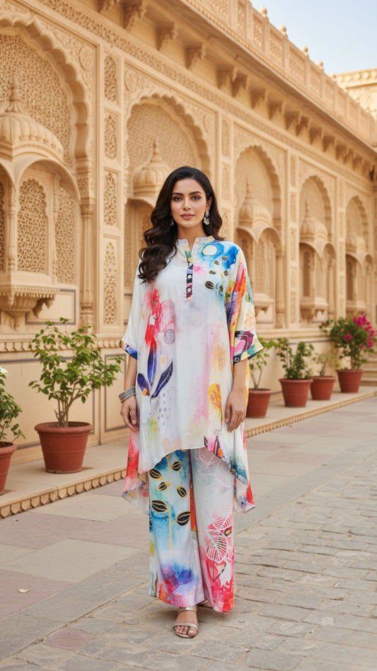 Multicolour Abstract Crepe Silk Kurta Set with Handwork