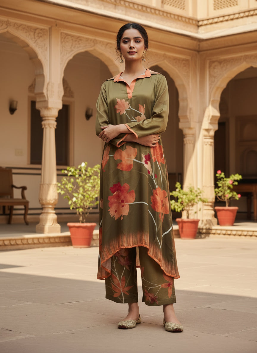 Olive Floral Digital Print Pure Bemberg Modal Tunic Set