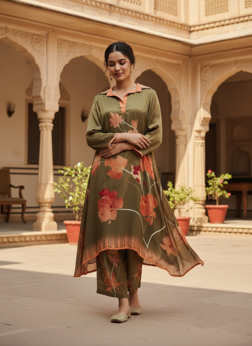 Olive Floral Digital Print Pure Bemberg Modal Tunic Set