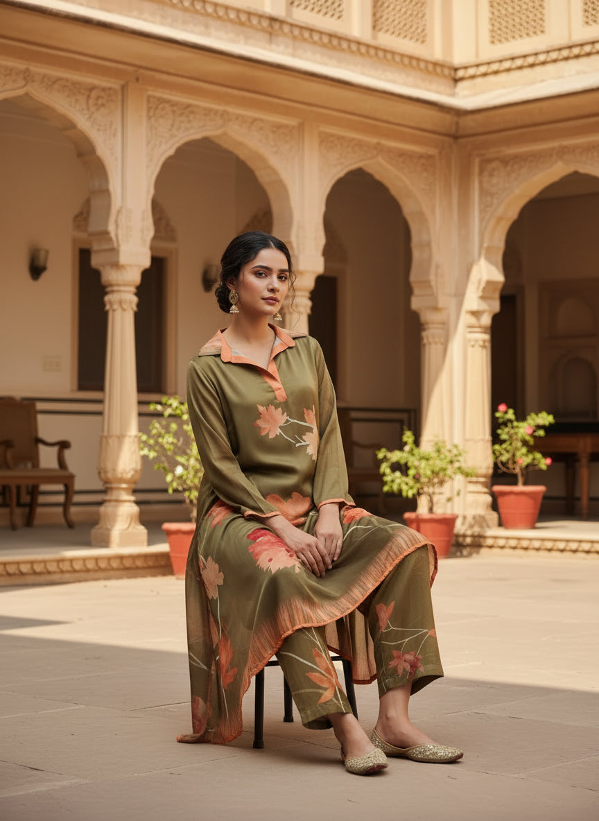 Olive Floral Digital Print Pure Bemberg Modal Tunic Set