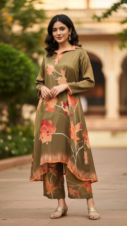 Olive Floral Digital Print Modal Satin Tunic Set
