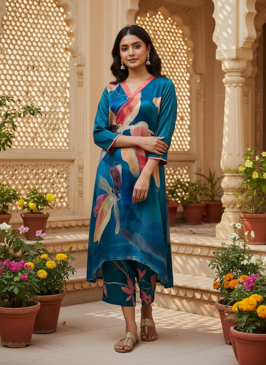 Teal Floral Digital Print Pure Bemberg Modal Kurta Set