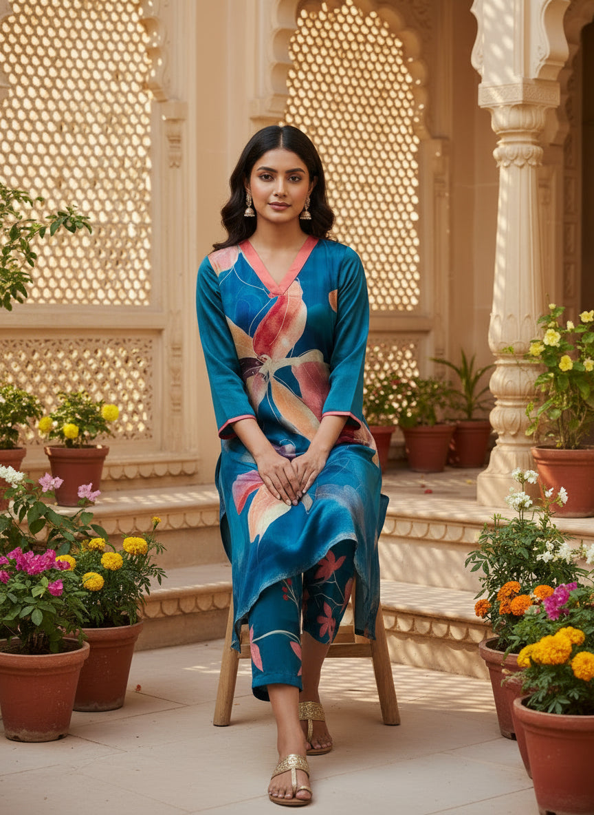 Teal Floral Digital Print Pure Bemberg Modal Kurta Set
