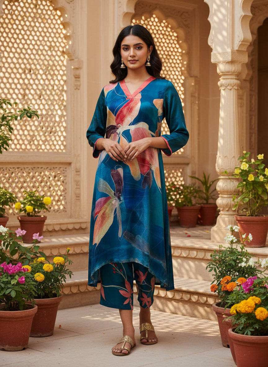 Teal Floral Digital Print Pure Bemberg Modal Kurta Set