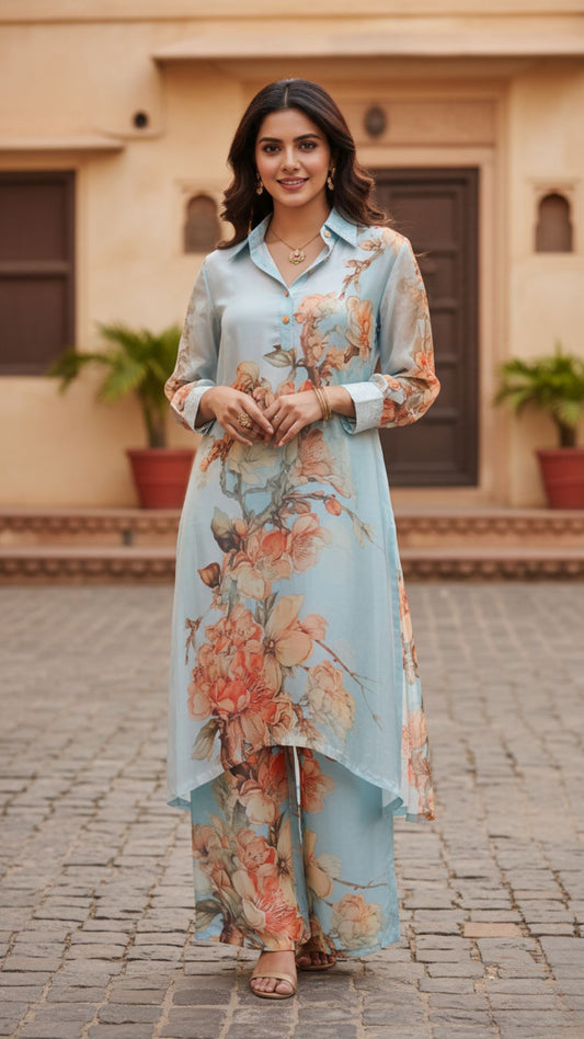 Powder Blue Floral Crepe Silk Kurta Set