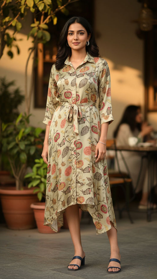 Beige Botanical Modal Satin Shirt Dress