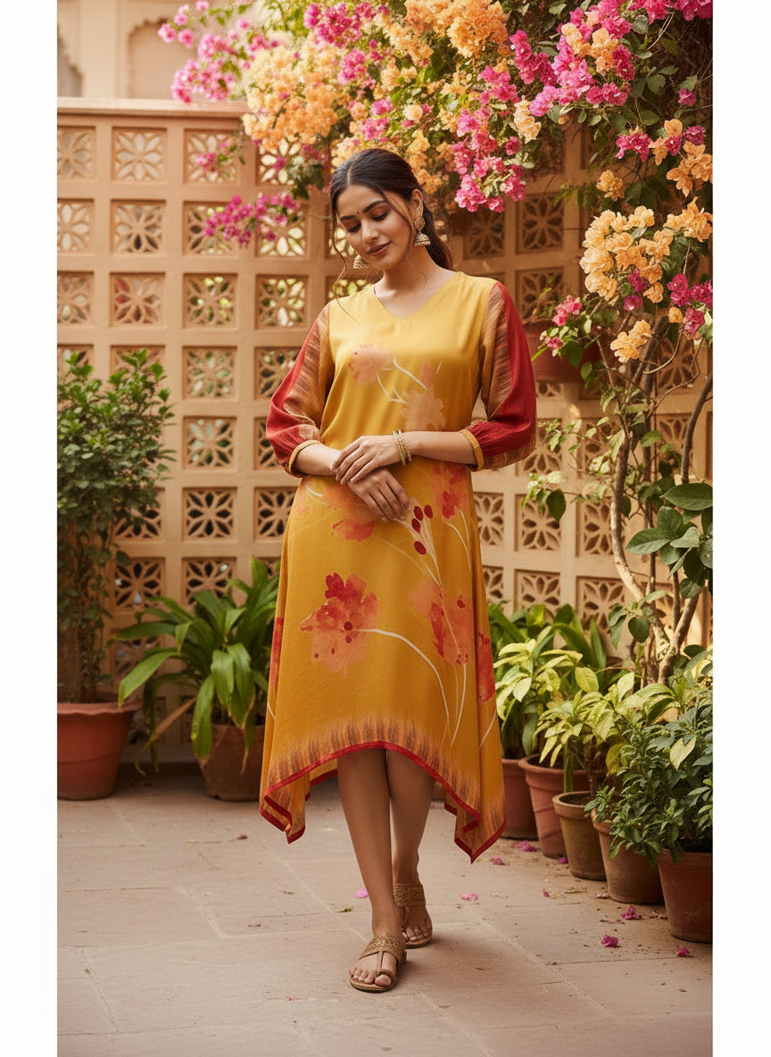 Mustard Red Floral Pure Bemberg Modal Tunic Dress