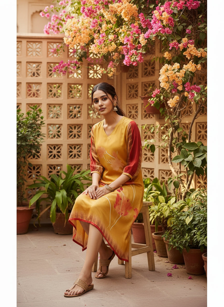Mustard Red Floral Pure Bemberg Modal Tunic Dress