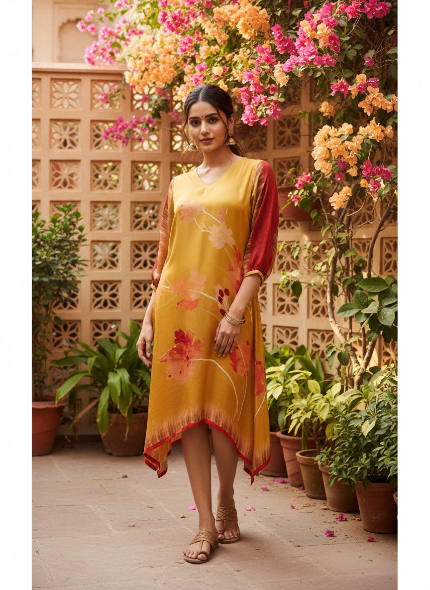 Mustard Red Floral Pure Bemberg Modal Tunic Dress