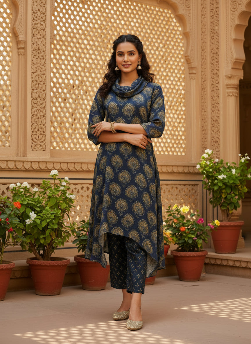 Navy Blue Cowl Neck Pure Bemberg Modal Kurta Set