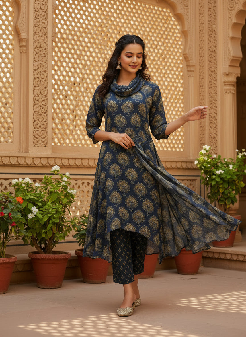 Navy Blue Cowl Neck Pure Bemberg Modal Kurta Set