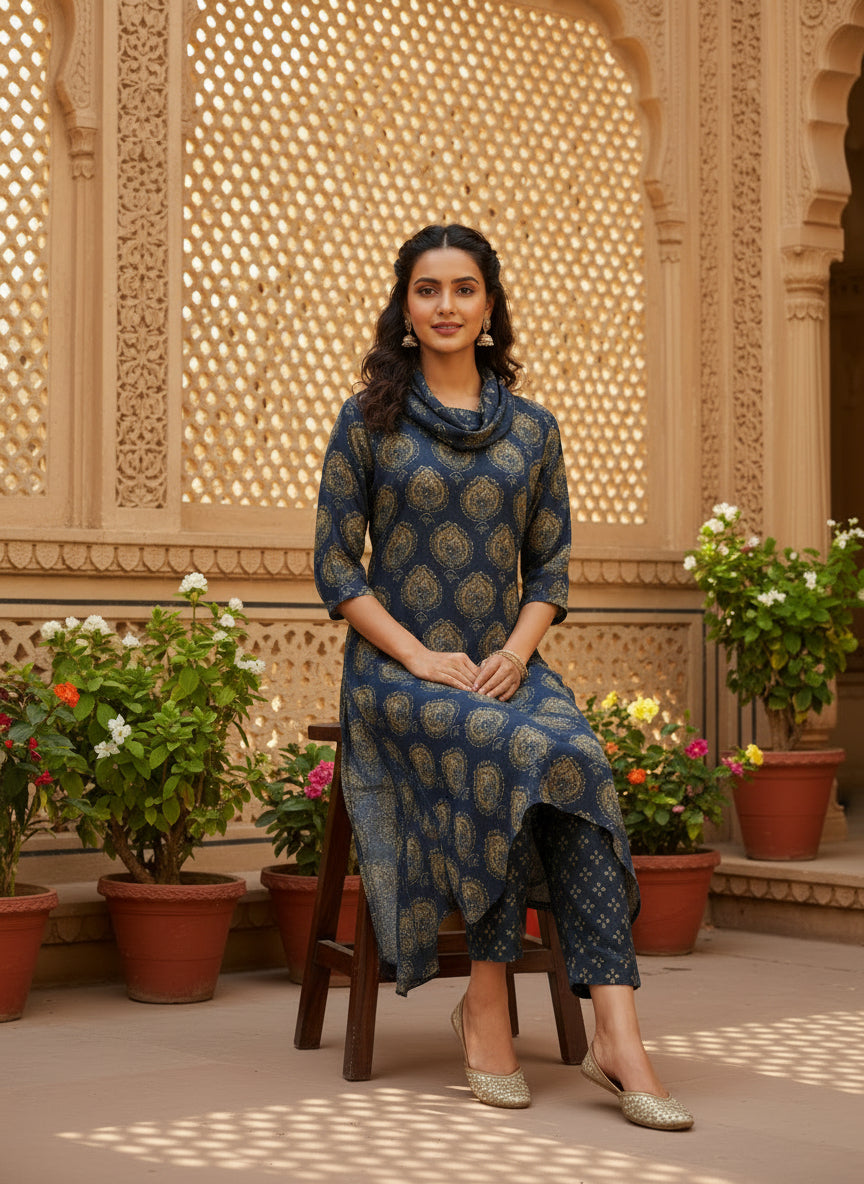 Navy Blue Cowl Neck Pure Bemberg Modal Kurta Set