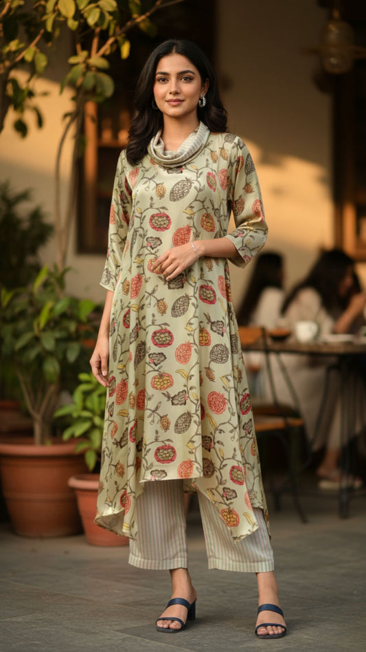 Beige Botanical Cowl Neck Modal Set
