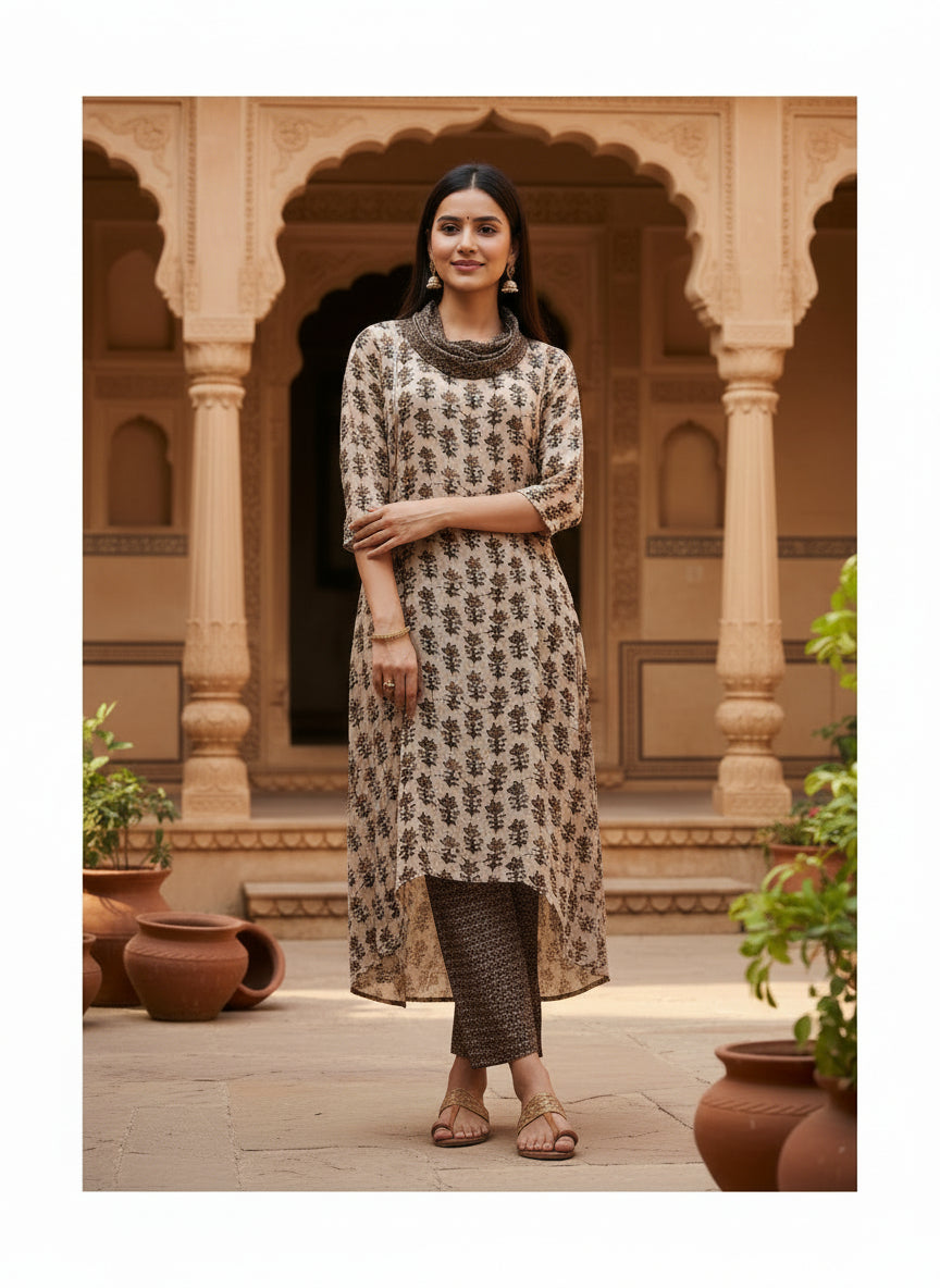 Beige Printed Cowl Neck Pure Bemberg Modal Kurta Set