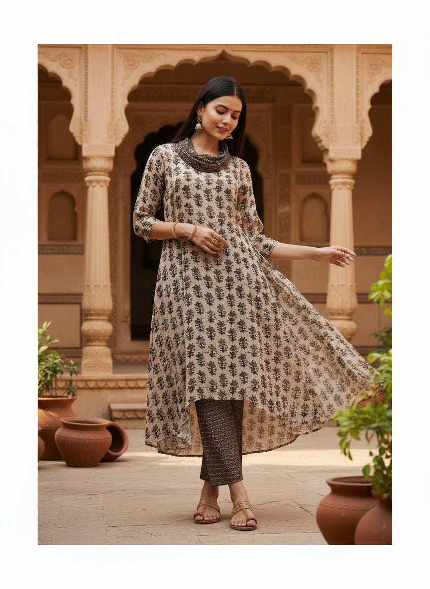 Beige Printed Cowl Neck Pure Bemberg Modal Kurta Set