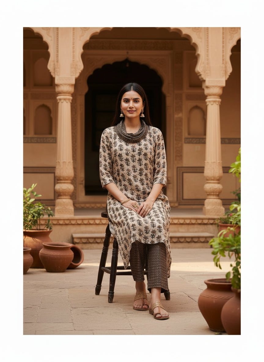 Beige Printed Cowl Neck Pure Bemberg Modal Kurta Set