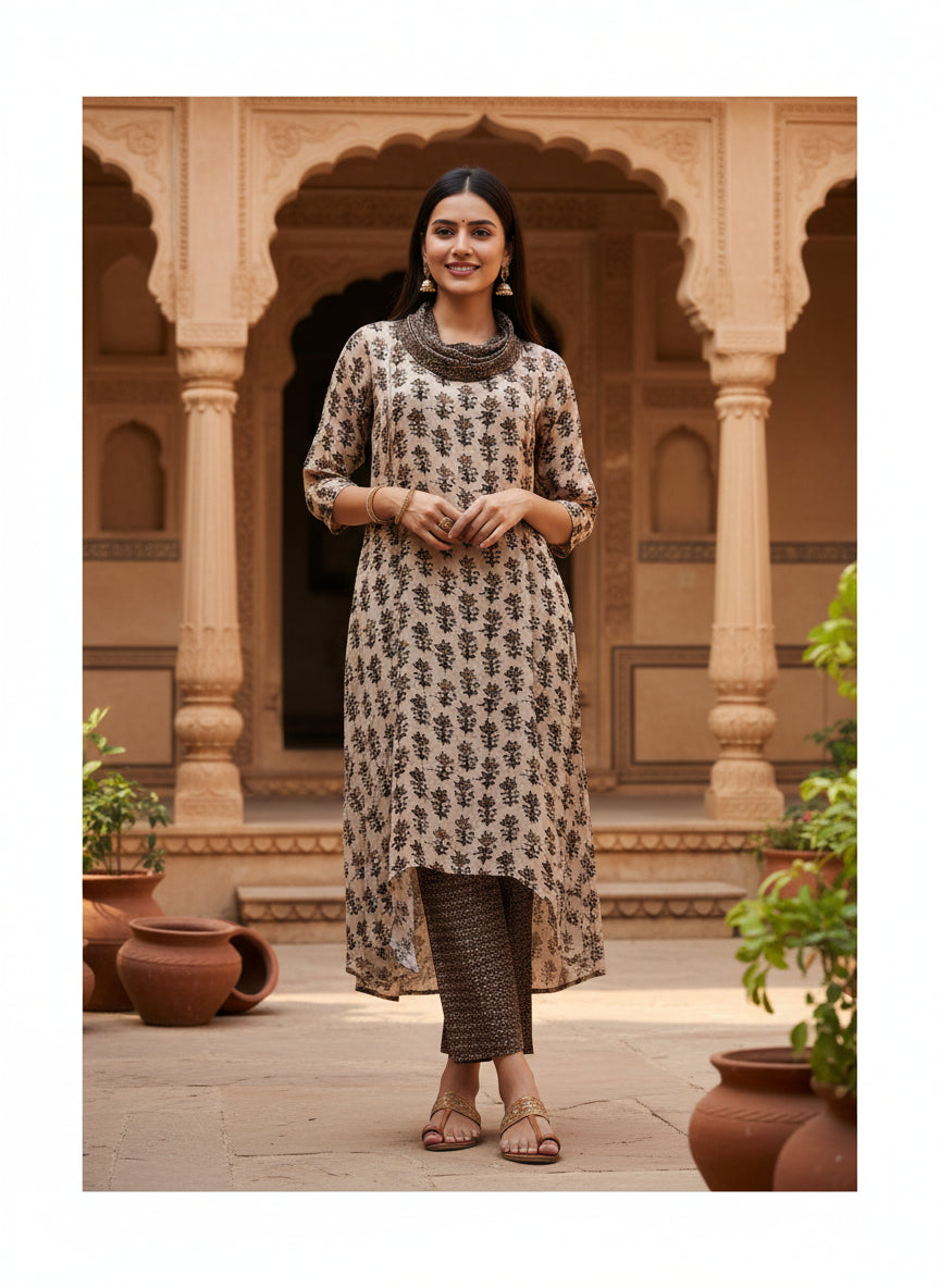 Beige Printed Cowl Neck Pure Bemberg Modal Kurta Set