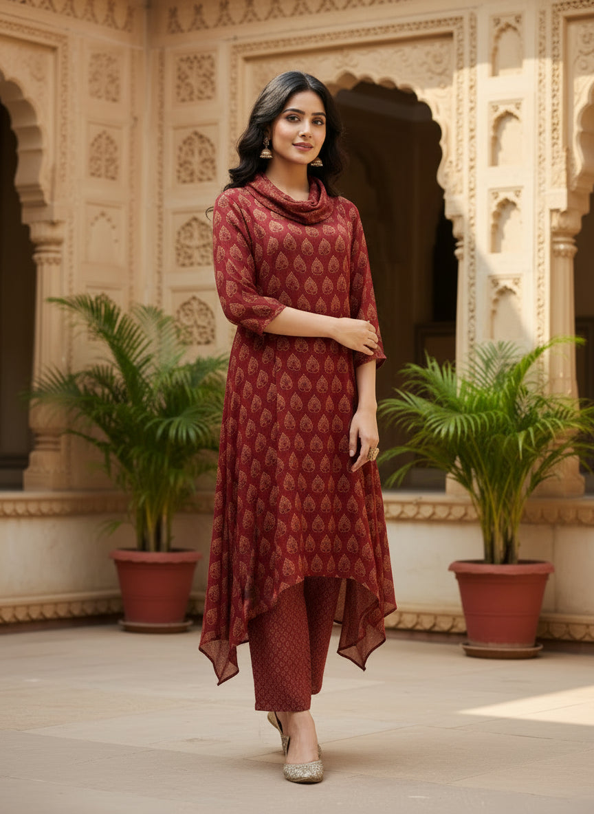 Maroon Printed Cowl Neck Pure Bemberg Modal Kurta Set