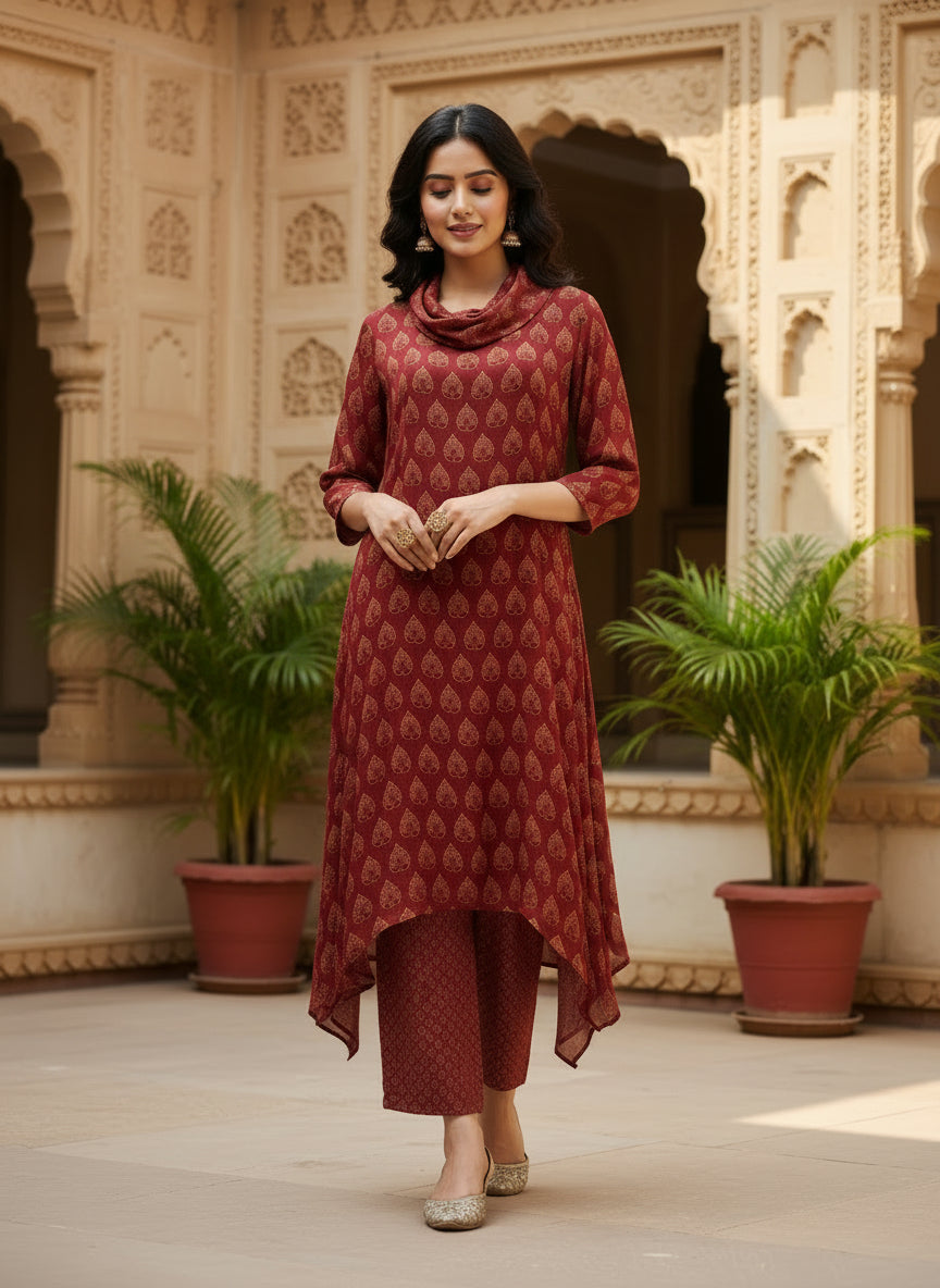 Maroon Printed Cowl Neck Pure Bemberg Modal Kurta Set